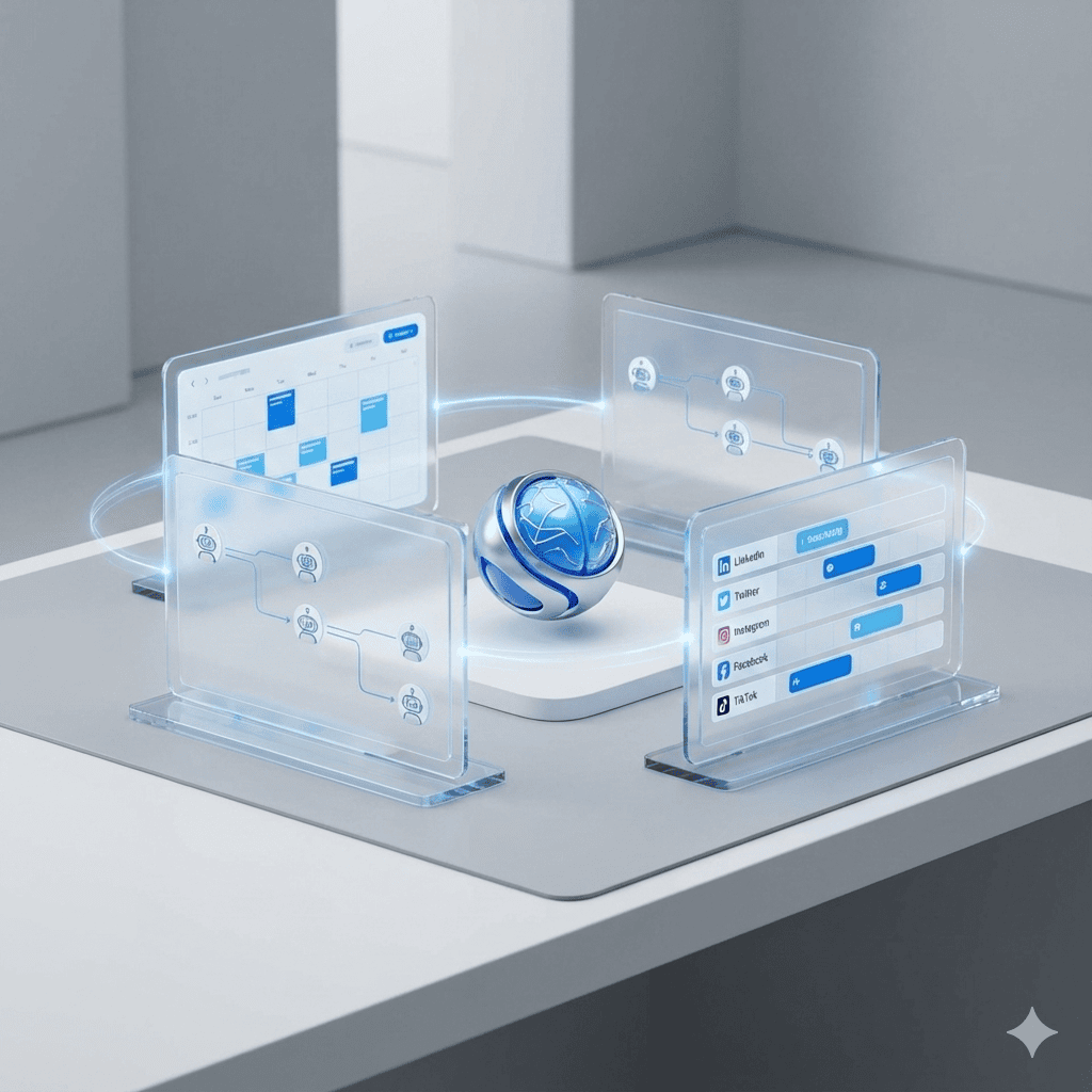 Generación de contenido con inteligencia artificial para calendarios editoriales, cinco redes sociales y programación automática